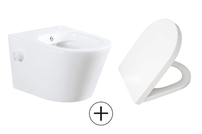 Vesta wandcloset rimless met bidetkraan warm koud water met Vesta toiletzitting glans wit