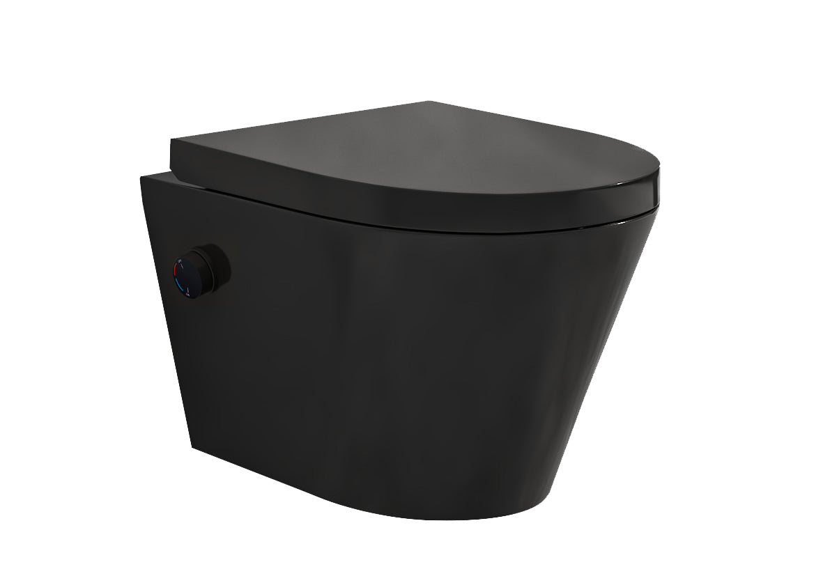 Vesta wandcloset rimless met bidetkraan warm koud water met Vesta toiletzitting mat zwart