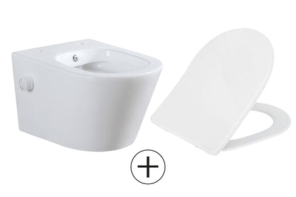 Vesta wandcloset rimless met bidetkraan warm koud water met Shade slim toiletzitting glans wit