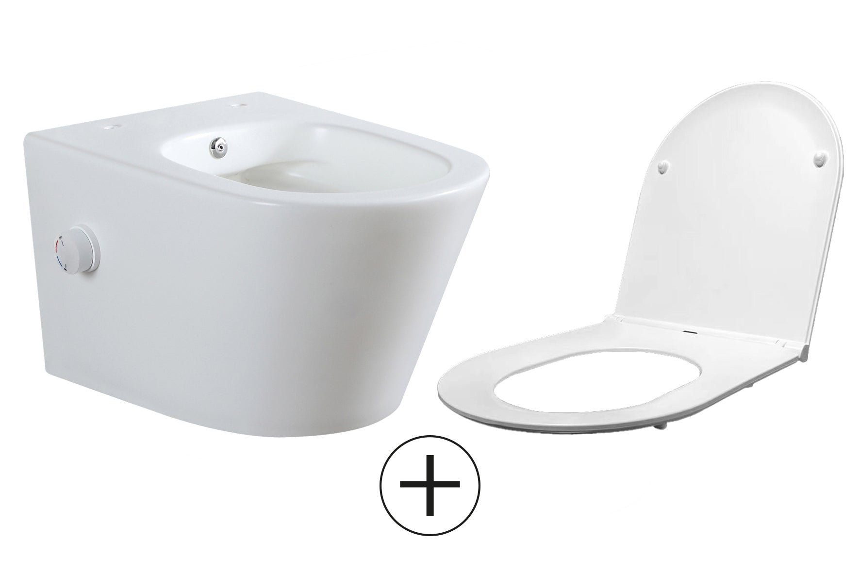 Vesta wandcloset rimless met bidetkraan warm koud water met Flatline toiletzitting mat wit