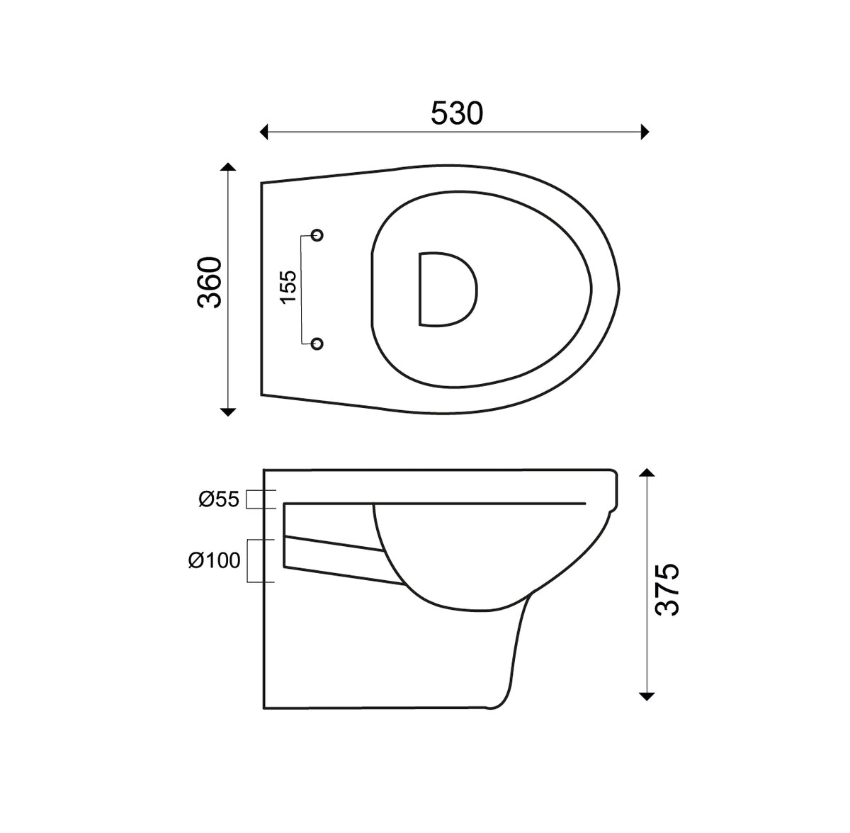 Xellanz Trevi wandcloset rimless met Ultimo 3.0 toiletzitting softclose en quick release glans wit, maattekening