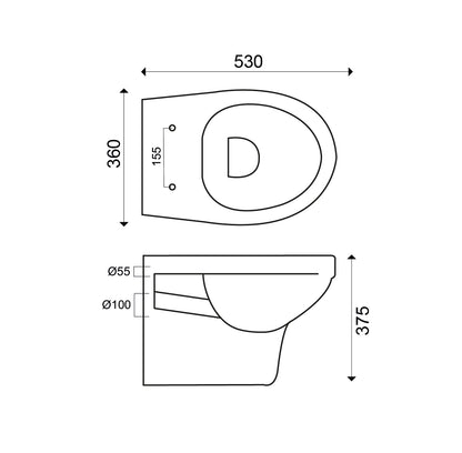 Xellanz Trevi wandcloset rimless met Ultimo 3.0 toiletzitting softclose en quick release glans wit, maattekening