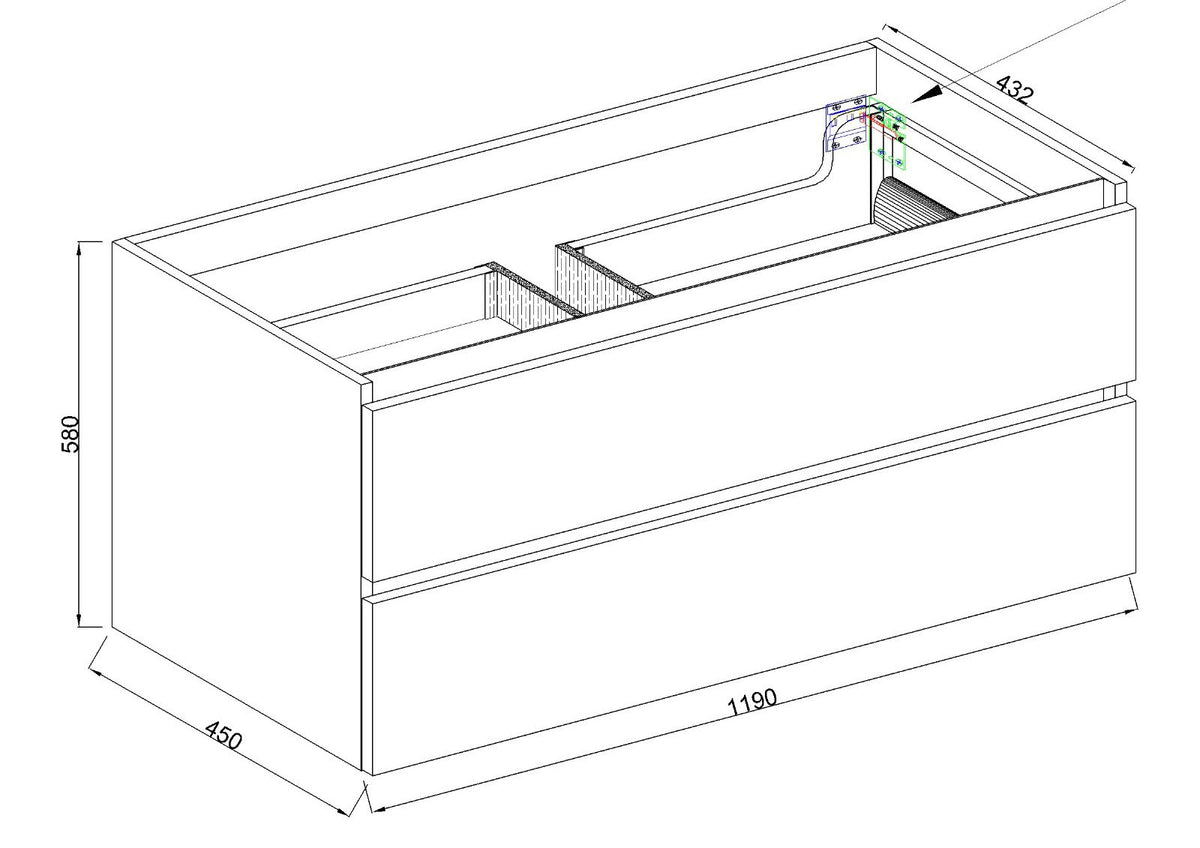 Wiesbaden Marmaris onderkast met 2 laden 1 uitsparing 120 x 45 cm mat zwart, maattekening