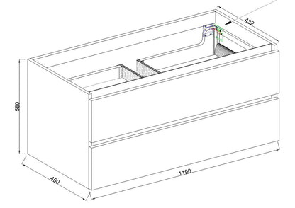 Wiesbaden Marmaris onderkast met 2 laden 1 uitsparing 120 x 45 cm mat zwart, maattekening