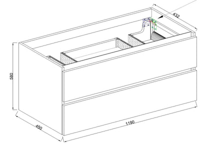 Wiesbaden Marmaris onderkast met 2 laden 2 uitsparingen 120 x 45 cm mat zwart, maattekening