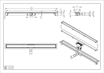 Douchegoot met flens en tegelrooster 100 x 7 cm gunmetal PVD