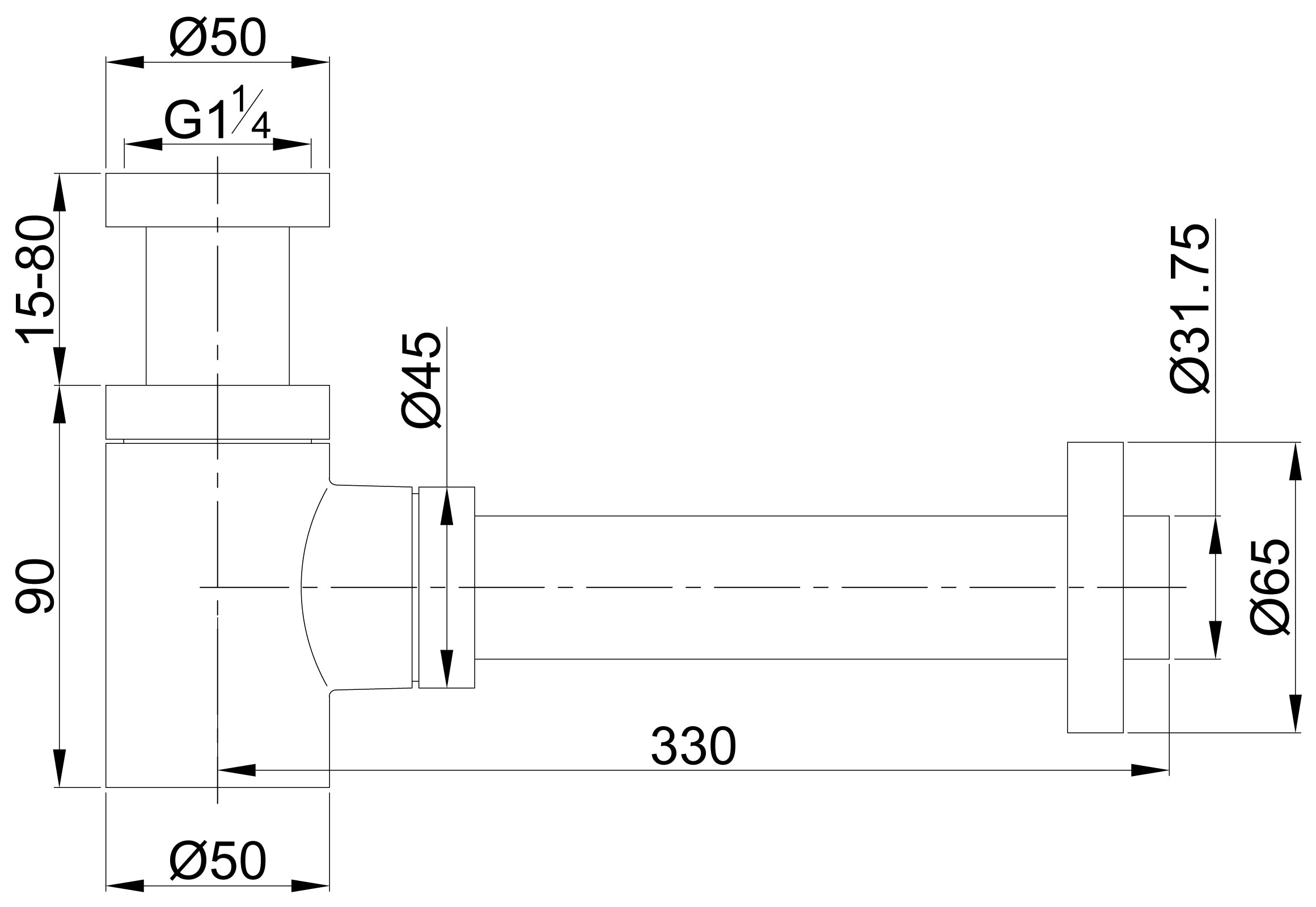 UniMatch fonteinsifon 5/4" x 32 mm chroom