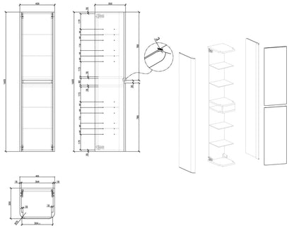 Wiesbaden Novira kolomkast afgeronde hoeken 160 x 40 x 35 cm mat wit, maattekening