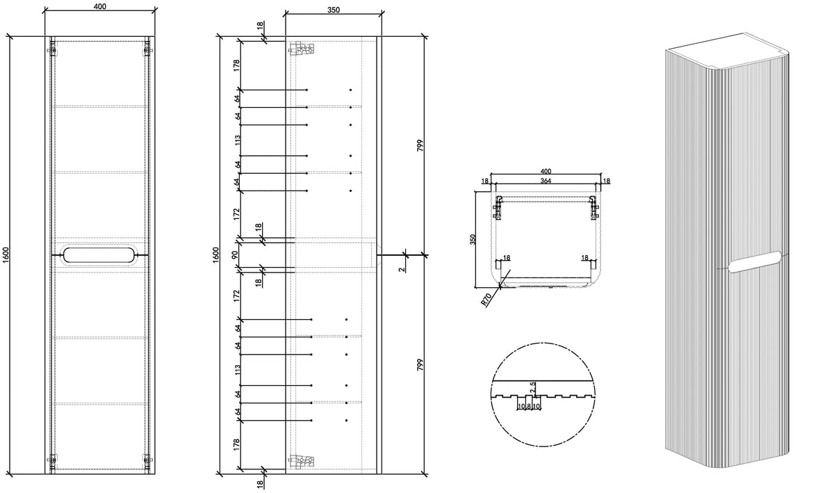 Wiesbaden Sulora kolomkast afgeronde hoeken geribbeld 160 x 40 x 35 cm mat beige, maattekening