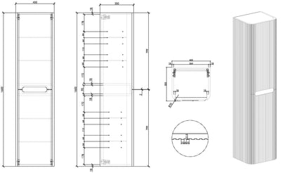 Wiesbaden Sulora kolomkast afgeronde hoeken geribbeld 160 x 40 x 35 cm licht eiken, maattekening