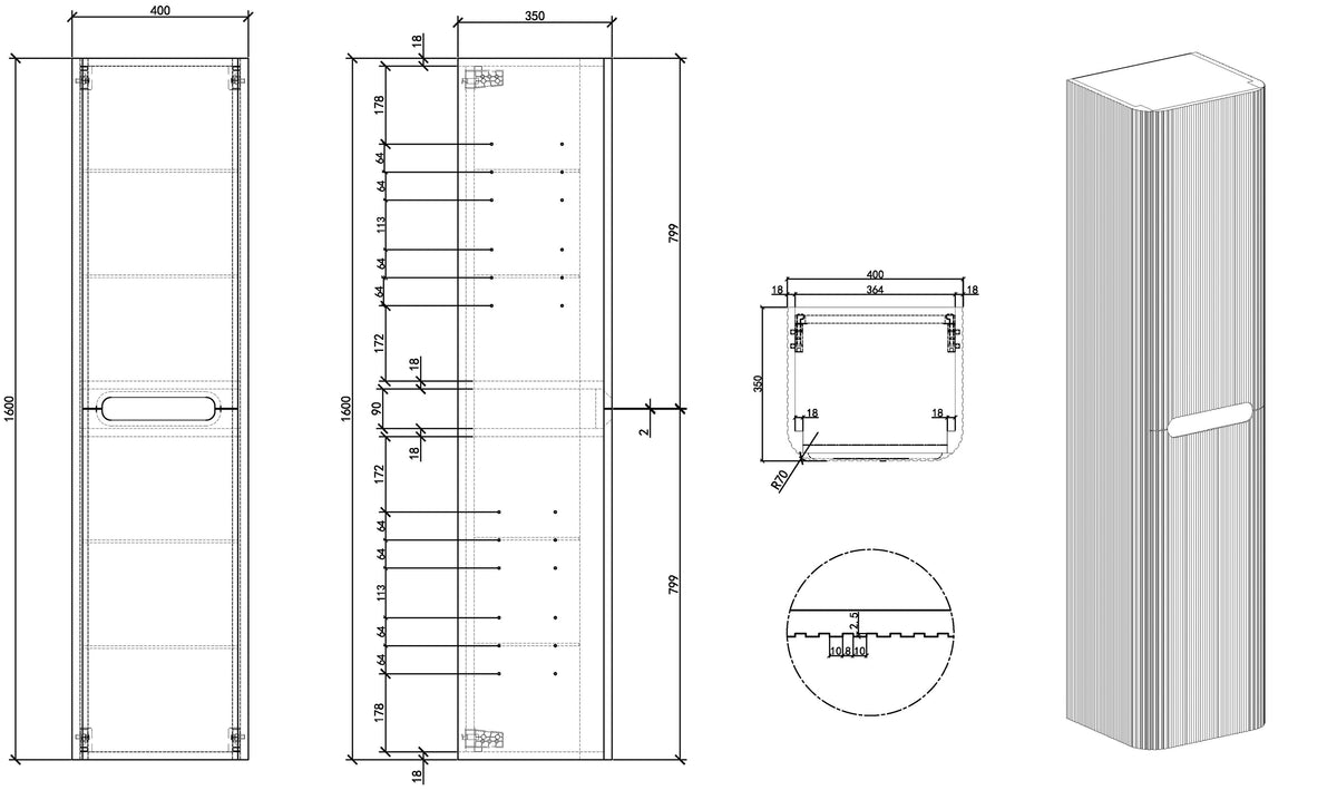 Wiesbaden Sulora kolomkast afgeronde hoeken geribbeld 160 x 40 x 35 cm mat zwart, maattekening
