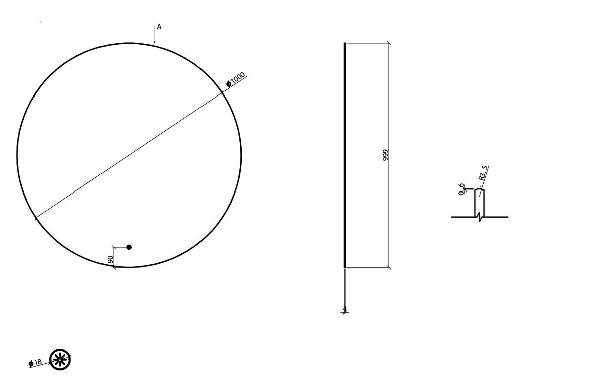 Wiesbaden Novi spiegel rond met LED, dimbaar 100 cm mat zwart, maattekening