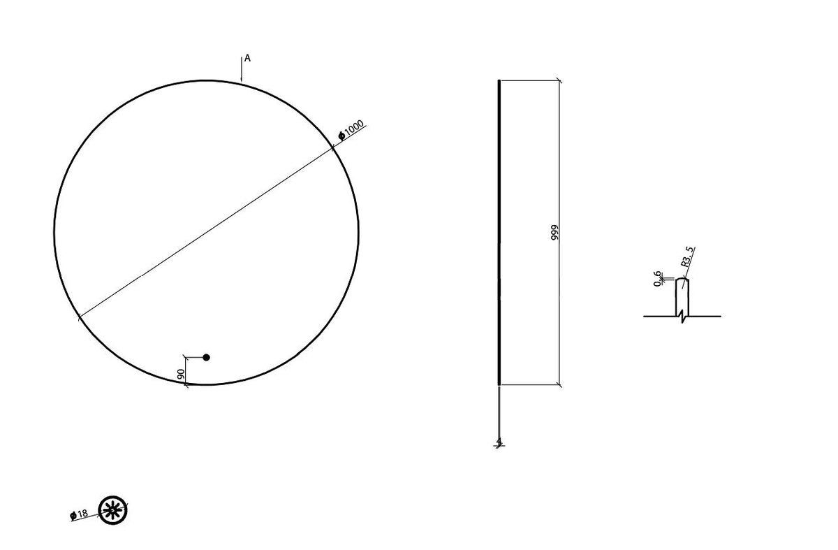 Wiesbaden Novi spiegel rond met LED, dimbaar 100 cm geborsteld messing, maattekening