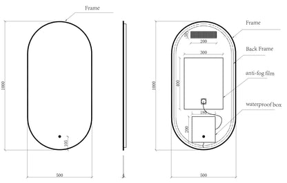 Nomi spiegel met lijst ovaal met LED, dimbaar en spiegelverwarming 50 x 100 cm mat zwart