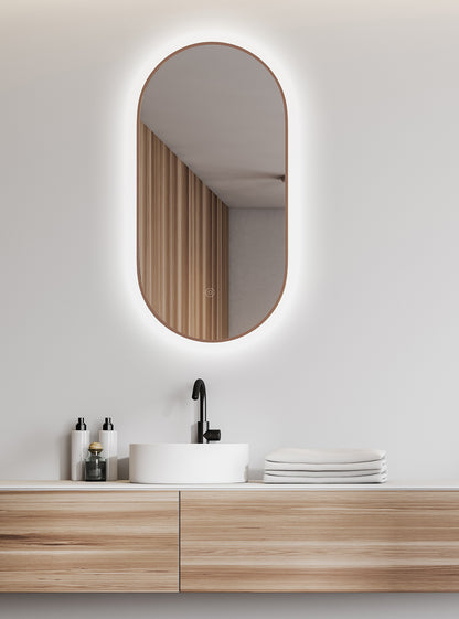 Wiesbaden nomi spiegel met lijst ovaal met LED, dimbaar en spiegelverwarming 50 x 100 cm geborsteld brons koper