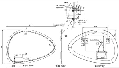 Wiesbaden lumora spiegel organisch met LED, dimbaar en spiegelverwarming 100 x 69 cm, maattekening