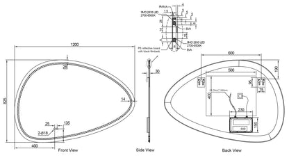 Wiesbaden lumora spiegel organisch met LED, dimbaar en spiegelverwarming 120 x 80 cm, maattekening