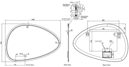 Wiesbaden lumora spiegel organisch met LED, dimbaar en spiegelverwarming 140 x 93 cm, maattekening