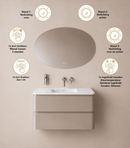 Wiesbaden oliva spiegel ovaal met LED, dimbaar en spiegelverwarming 100 x 70 cm