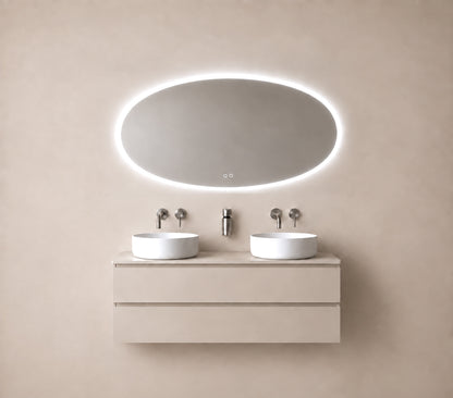 Wiesbaden oliva spiegel ovaal met LED, dimbaar en spiegelverwarming 140 x 70 cm
