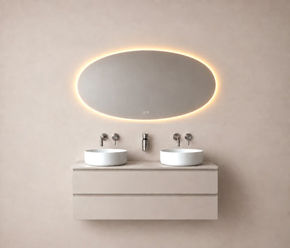 Wiesbaden oliva spiegel ovaal met LED, dimbaar en spiegelverwarming 160 x 70 cm