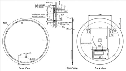 Wiesbaden lumora spiegel rond met LED, dimbaar en spiegelverwarming 80 cm, maattekening