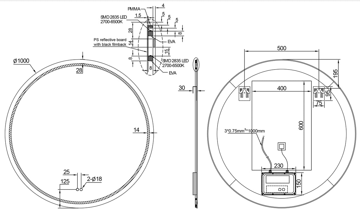 Wiesbaden lumora spiegel rond met LED, dimbaar en spiegelverwarming 100 cm, maattekening