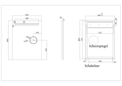 Tigris spiegel rechthoek met LED en scheerspiegel 60 x 80 cm