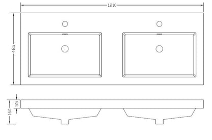 Vision wastafel dubbel met 2 kraangaten 120x46x5,5 cm kunstmarmer glans wit