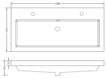 Vision wastafel enkel met 2 kraangaten 100x46x5,5 kunstmarmer glans wit