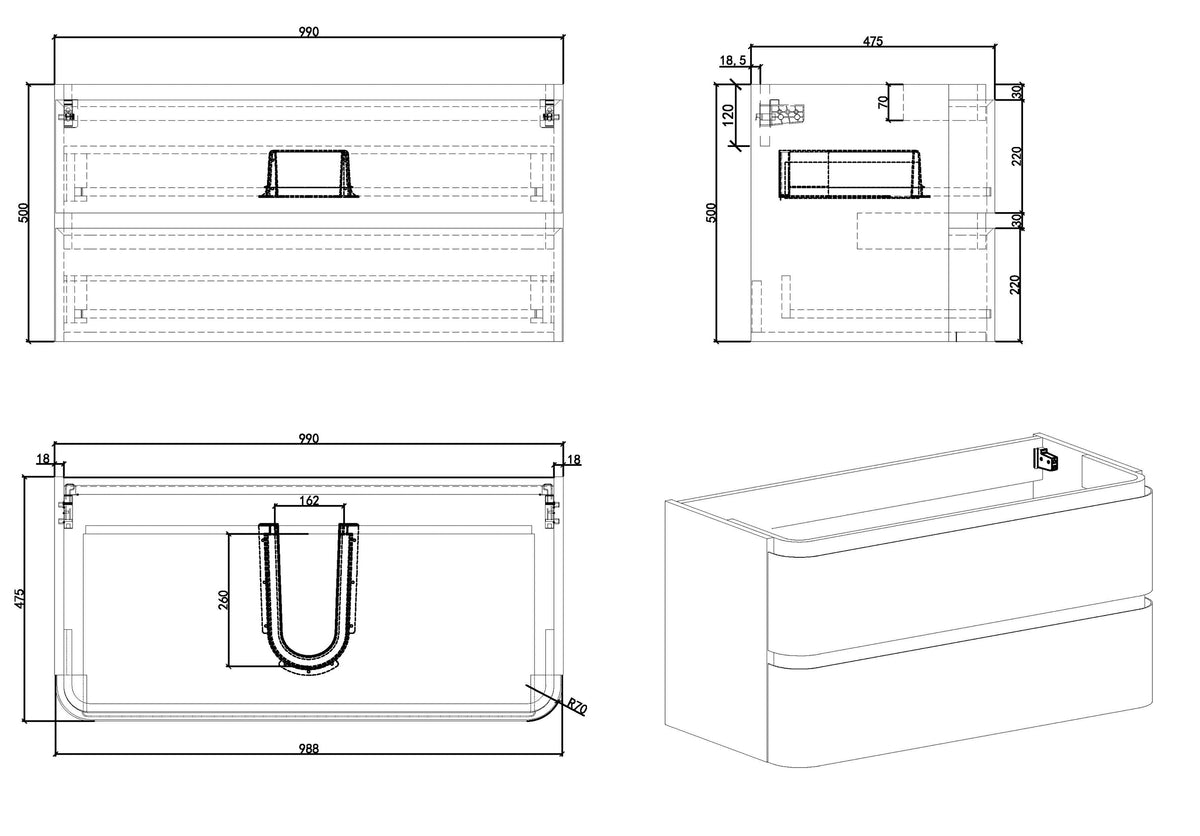 Wiesbaden novira onderkast afgeronde hoeken met 2 laden 1 uitsparing 100 x 48 cm mat wit, maattekening