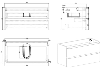Wiesbaden novira onderkast afgeronde hoeken met 2 laden 1 uitsparing 100 x 48 cm mat wit, maattekening
