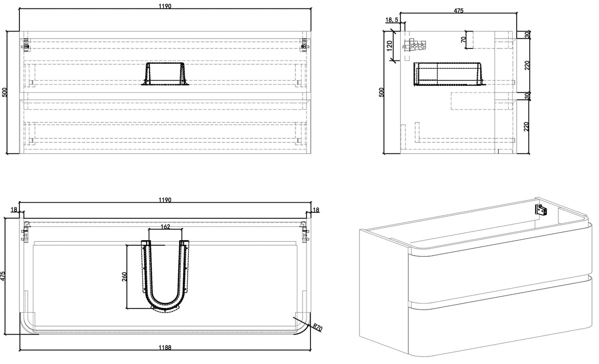 Wiesbaden Novira onderkast afgeronde hoeken met 2 laden 1 uitsparing 120 x 48 cm mat wit, maattekening