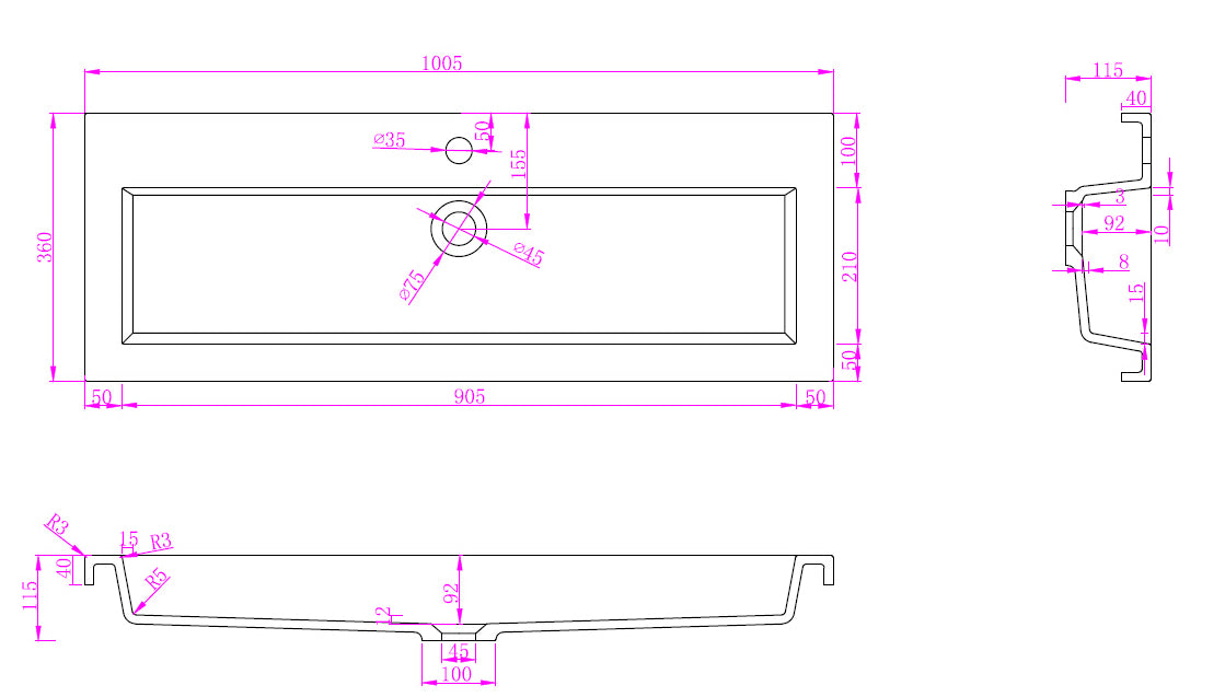 Flag wastafel enkel zonder kraangat 100x36x4 cm kunstmarmer glans wit