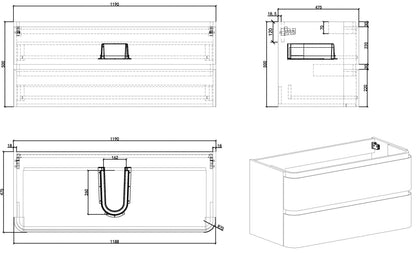 Wiesbaden Novira onderkast afgeronde hoeken met 2 laden 1 uitsparing 120 x 48 cm mat zwart, maattekening