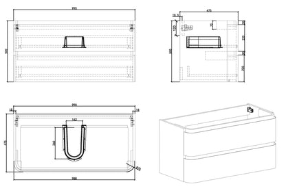 Wiesbaden novira onderkast afgeronde hoeken met 2 laden 1 uitsparing 100 x 48 cm mat zand, maattekening