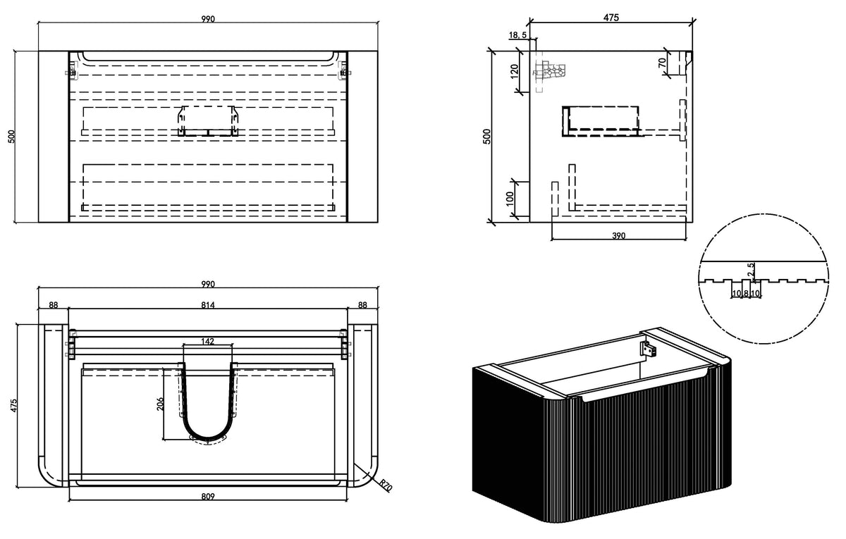 Wiesbaden Sulora onderkast afgeronde hoeken geribbeld met 1 lade 1 uitsparing 100 x 48 cm mat beige, maattekening