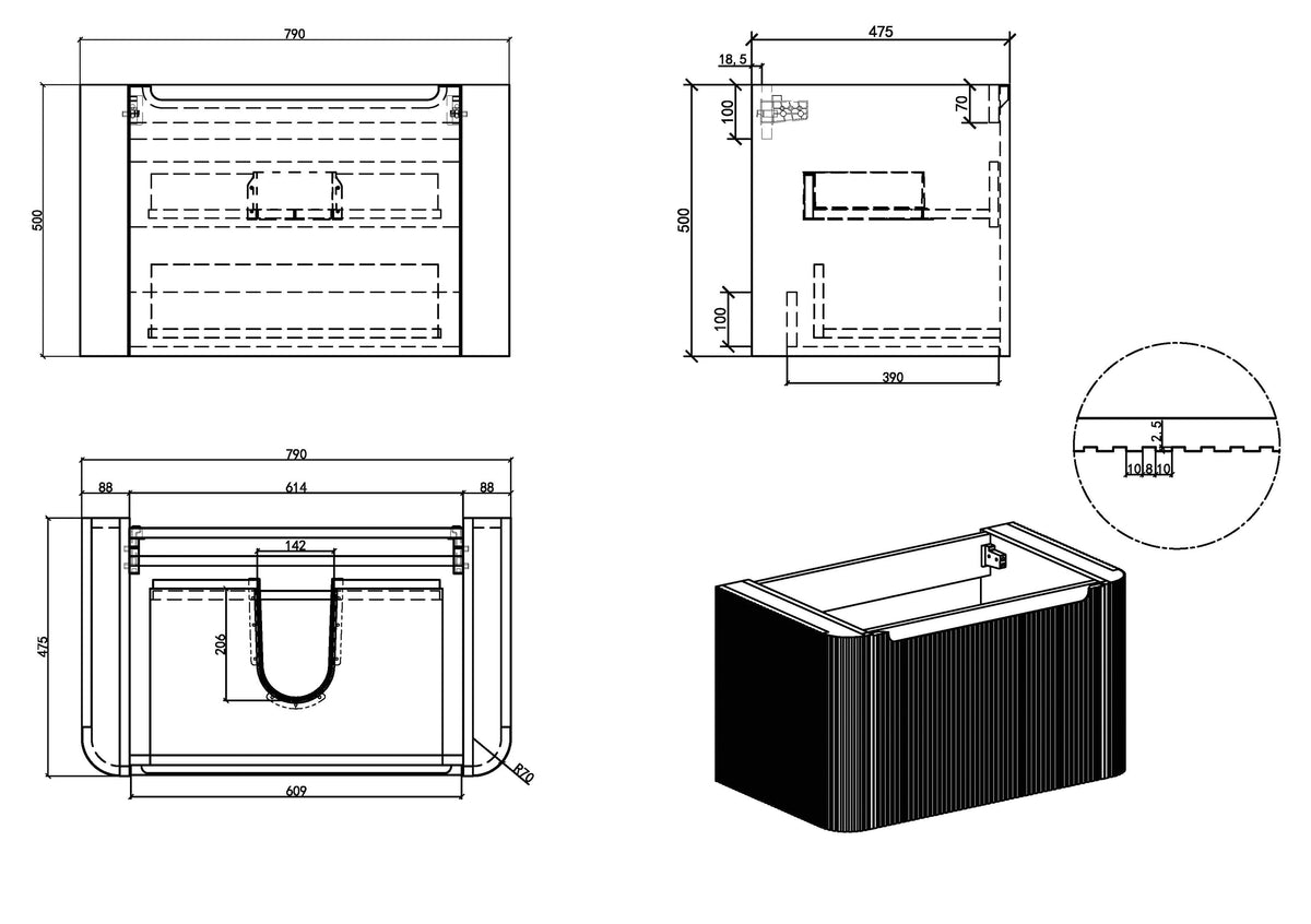 Wiesbaden sulora onderkast afgeronde hoeken geribbeld met 1 lade 1 uitsparing 80 x 48 cm bruin eiken, maattekening