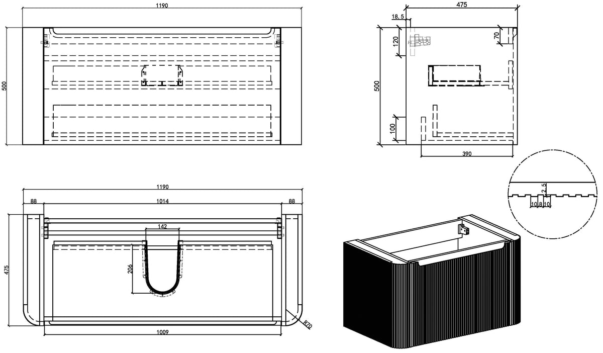 Wiesbaden Sulora onderkast afgeronde hoeken geribbeld met 1 lade 1 uitsparing 120 x 48 cm bruin eiken, maattekening