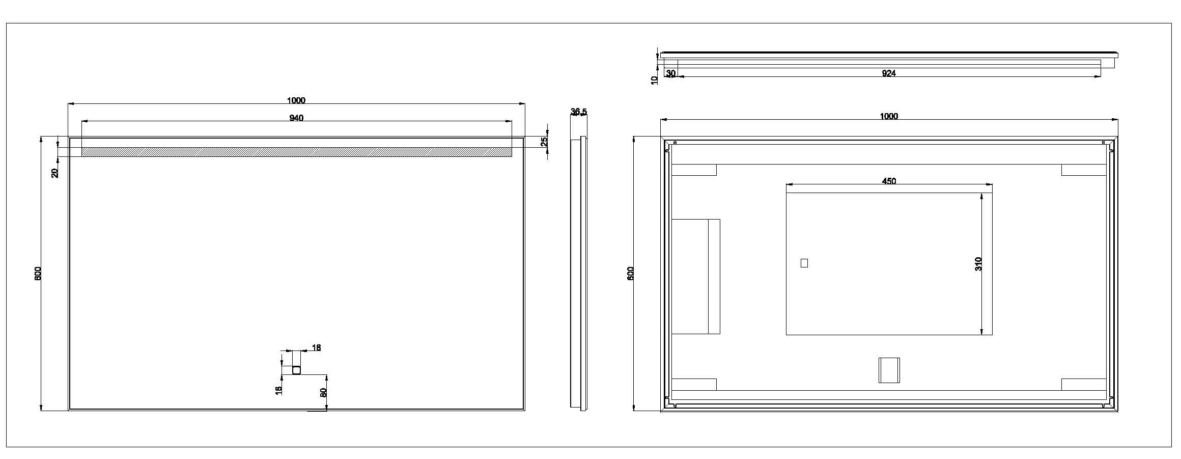 Ambi one spiegel rechthoek met LED, dimbaar en spiegelverwarming 100 x 60 cm