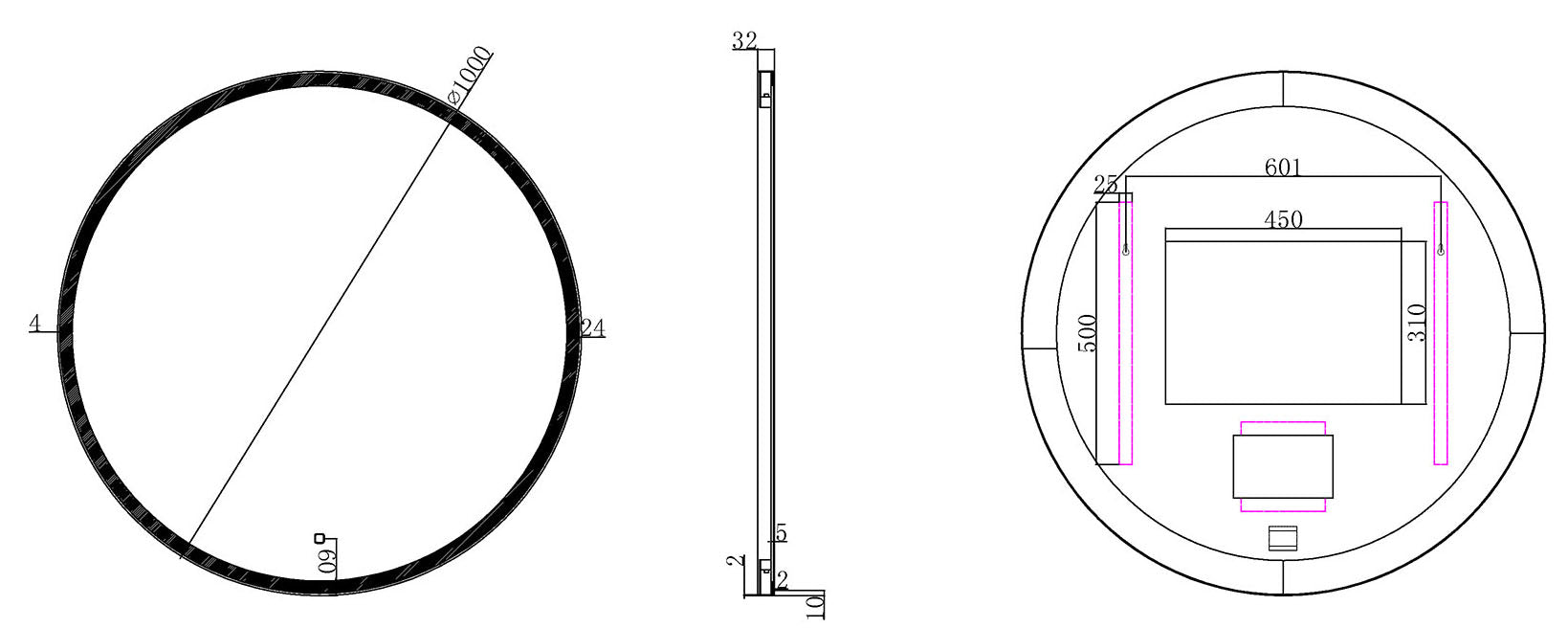 Maro spiegel rond met LED, dimbaar en spiegelverwarming 100 cm mat zwart
