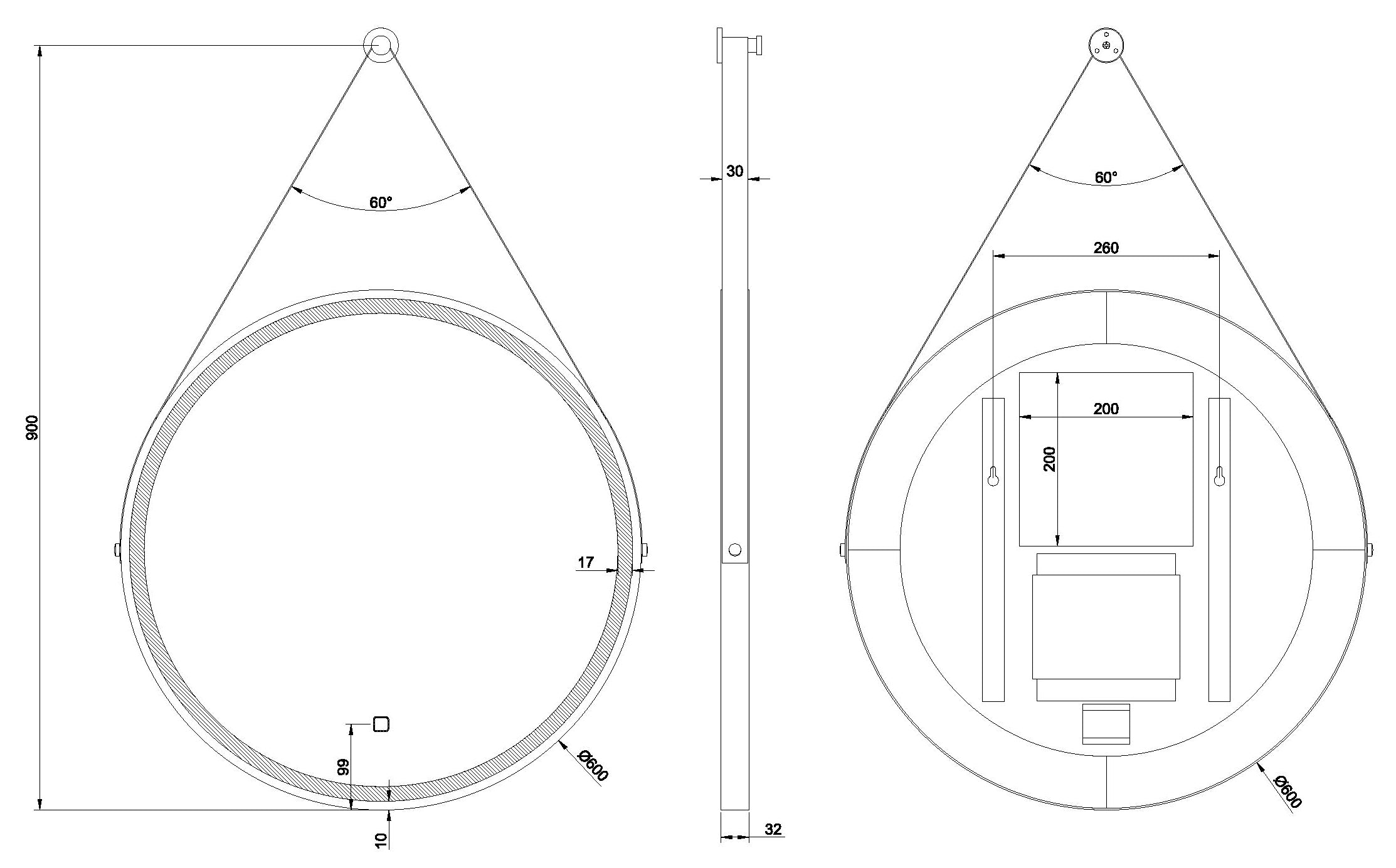 Cinto spiegel rond met band, LED, dimbaar en spiegelverwarming 60 cm mat zwart