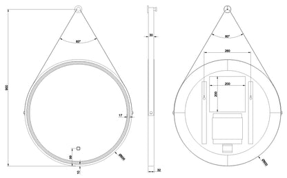 Cinto spiegel rond met band, LED, dimbaar en spiegelverwarming 60 cm mat zwart