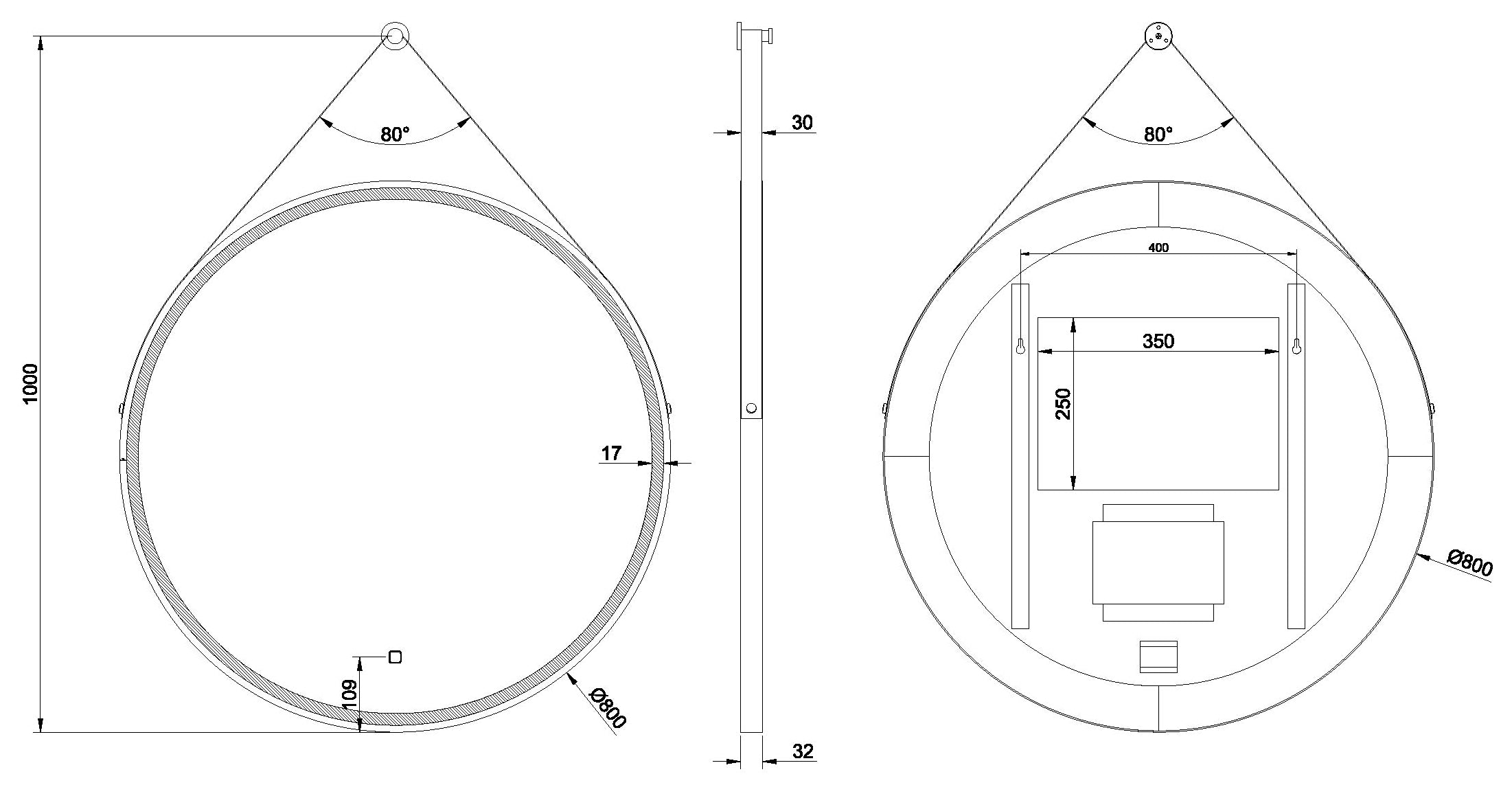 Cinto spiegel rond met band, LED, dimbaar en spiegelverwarming 80 cm mat zwart
