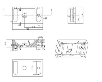 Wiesbaden Raw fontein rechts 40x22x10 cm hardsteen gezoet, maattekening
