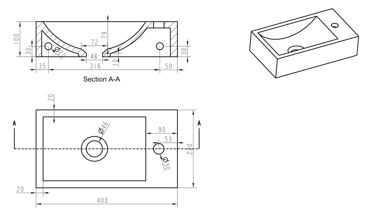 Wiesbaden Raw fontein rechts 40x22x10 cm hardsteen gezoet, maattekening
