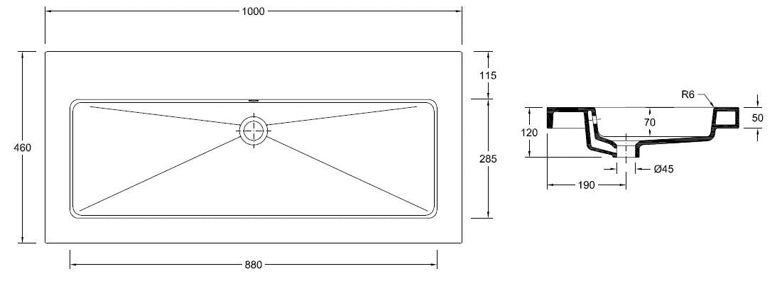 Kera wastafel enkel zonder kraangat 100x46x5 cm keramiek glans wit