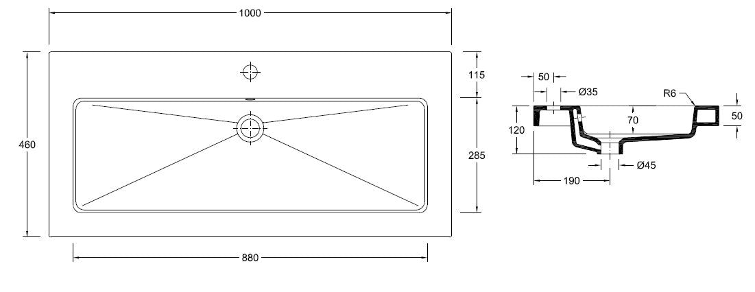 Kera wastafel enkel met 1 kraangat 100x46x5 cm keramiek glans wit