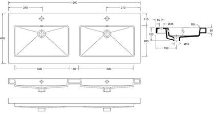 Kera wastafel dubbel met 2 kraangaten 120x46x5 cm keramiek glans wit