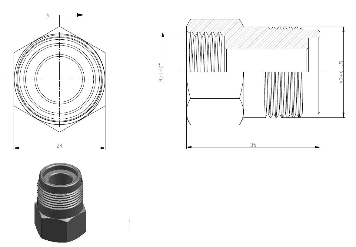 Gaskoppeling 1/2''bin.x M-24 vernikkeld